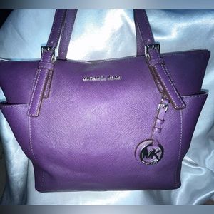 Michael Kors Dark Purple Saffiano Leather Travel Jet Set Tote